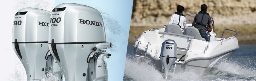 Links: 2 Honda Marine-Motoren Rechts: Boot mit Honda Motor, Einsatz nach Modell, an der Küste
