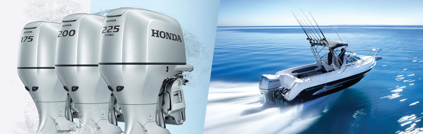 Links: 3 Honda Marine-Motoren Rechts: Boot mit Honda Motor, Einsatz nach Modell, an der Küste