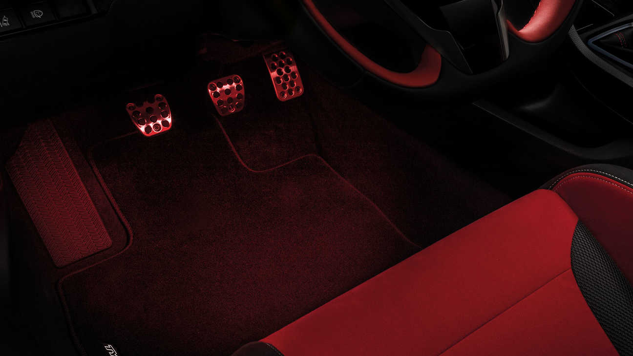 Close up of Honda Civic Type R footwell to show ambient footlight.