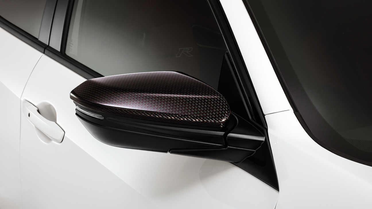 Close up of Honda Civic Type R Carbon Fibre Mirror caps.