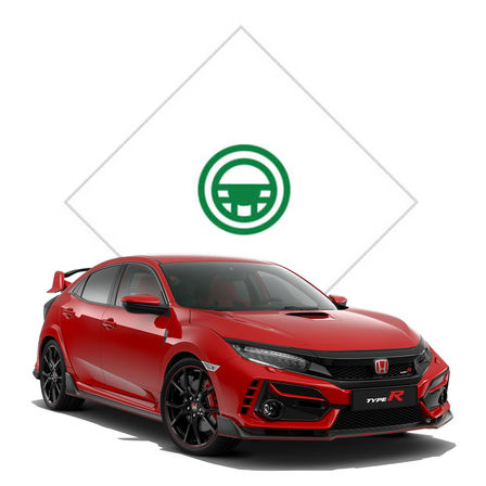 Front three-quarter facing Honda Civic Type R with test drive illustration.