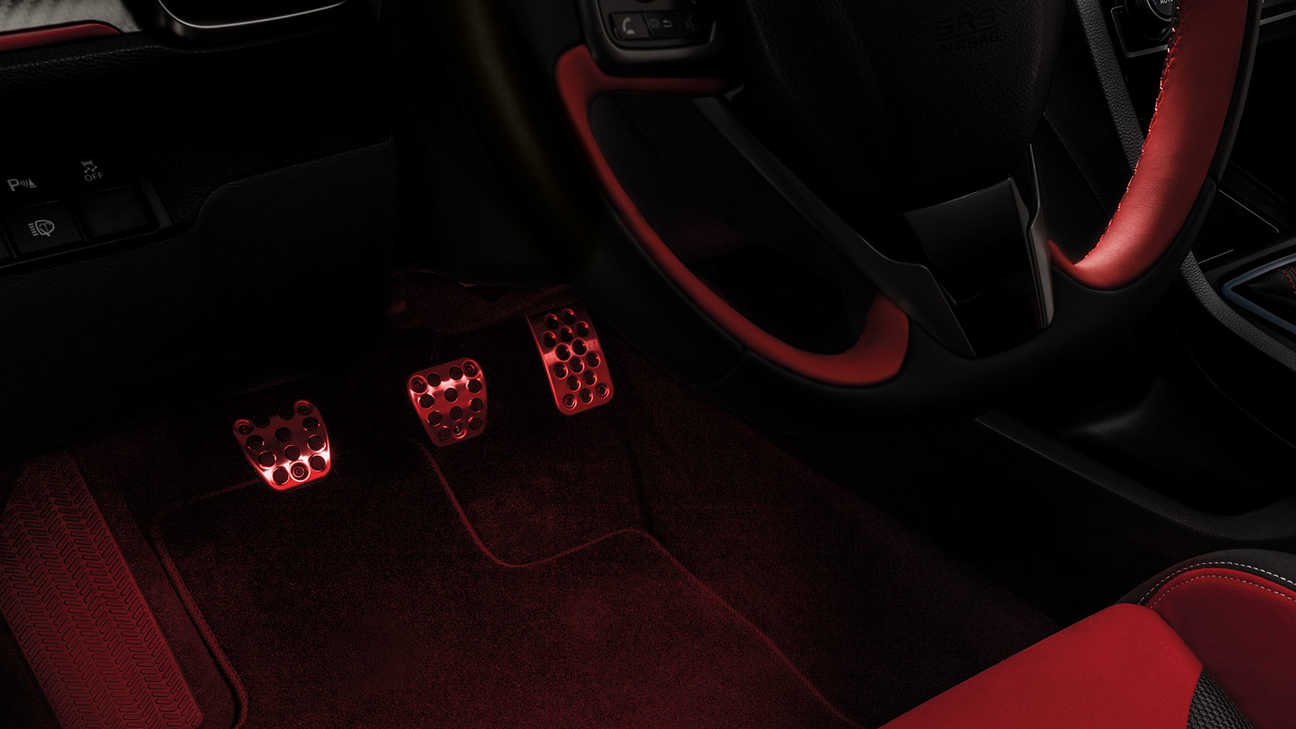 Close up of Honda Civic Type R footwell with Illumination pack.