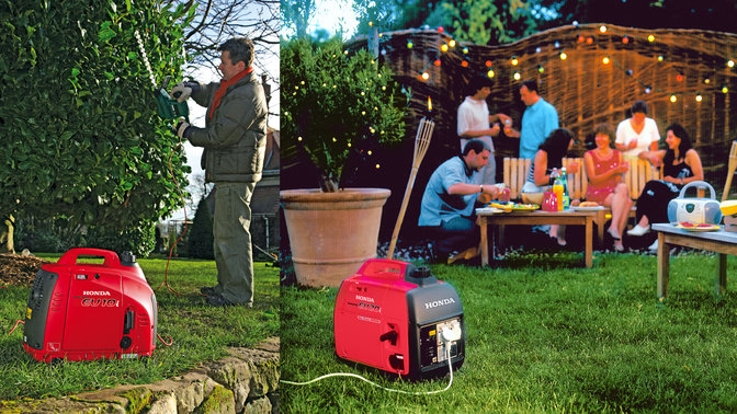 2x Honda Handy-Stromerzeuger, Einsatz nach Modell, Gartenumgebung.