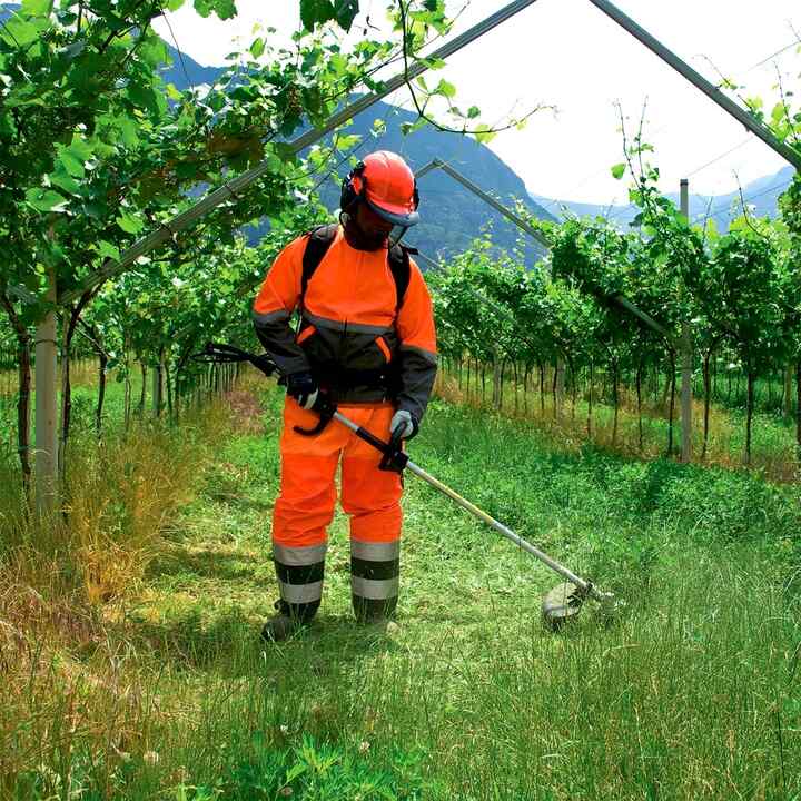 Model mit rückentragbarem Freischneider von Honda auf einem Feld.