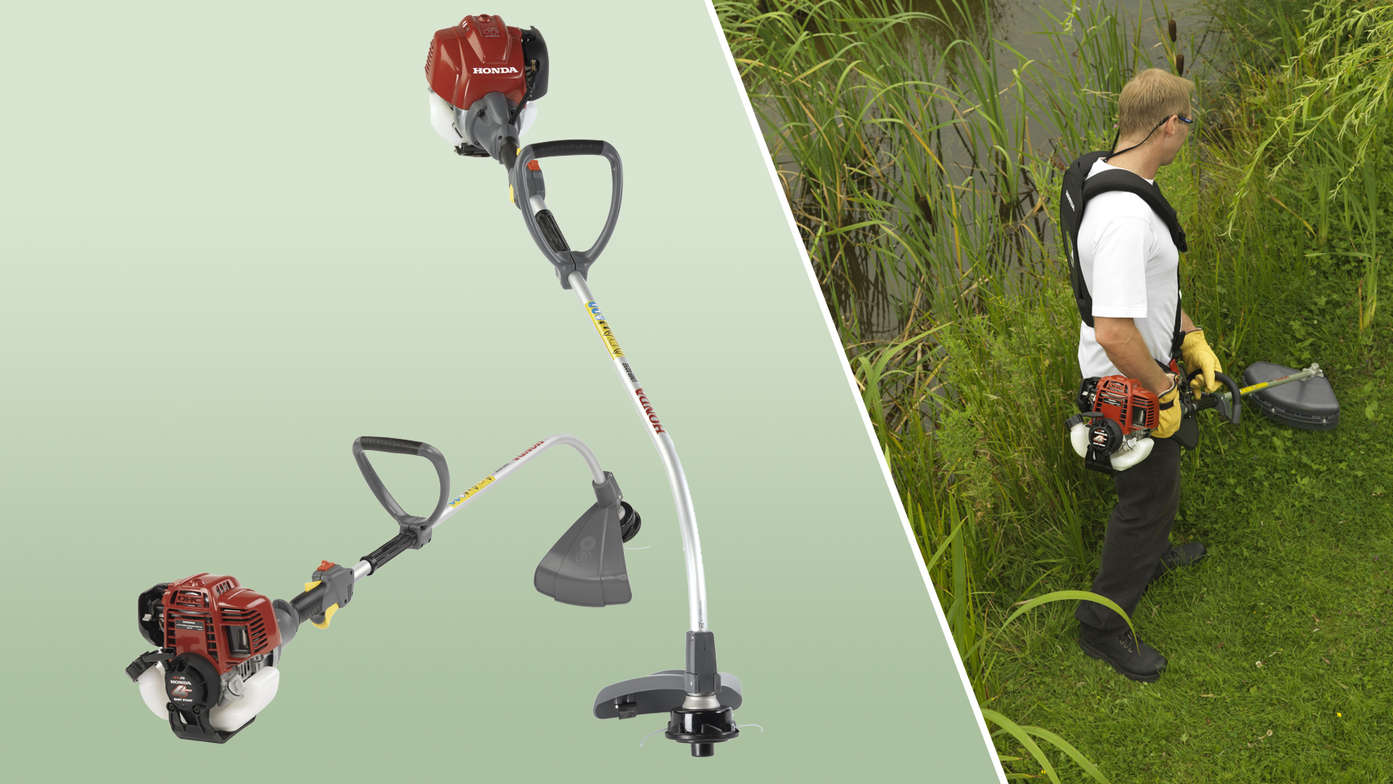 Links: 2 Honda Freischneider. Rechts: Freischneider, Verwendung nach Modell, Gartenumgebung.