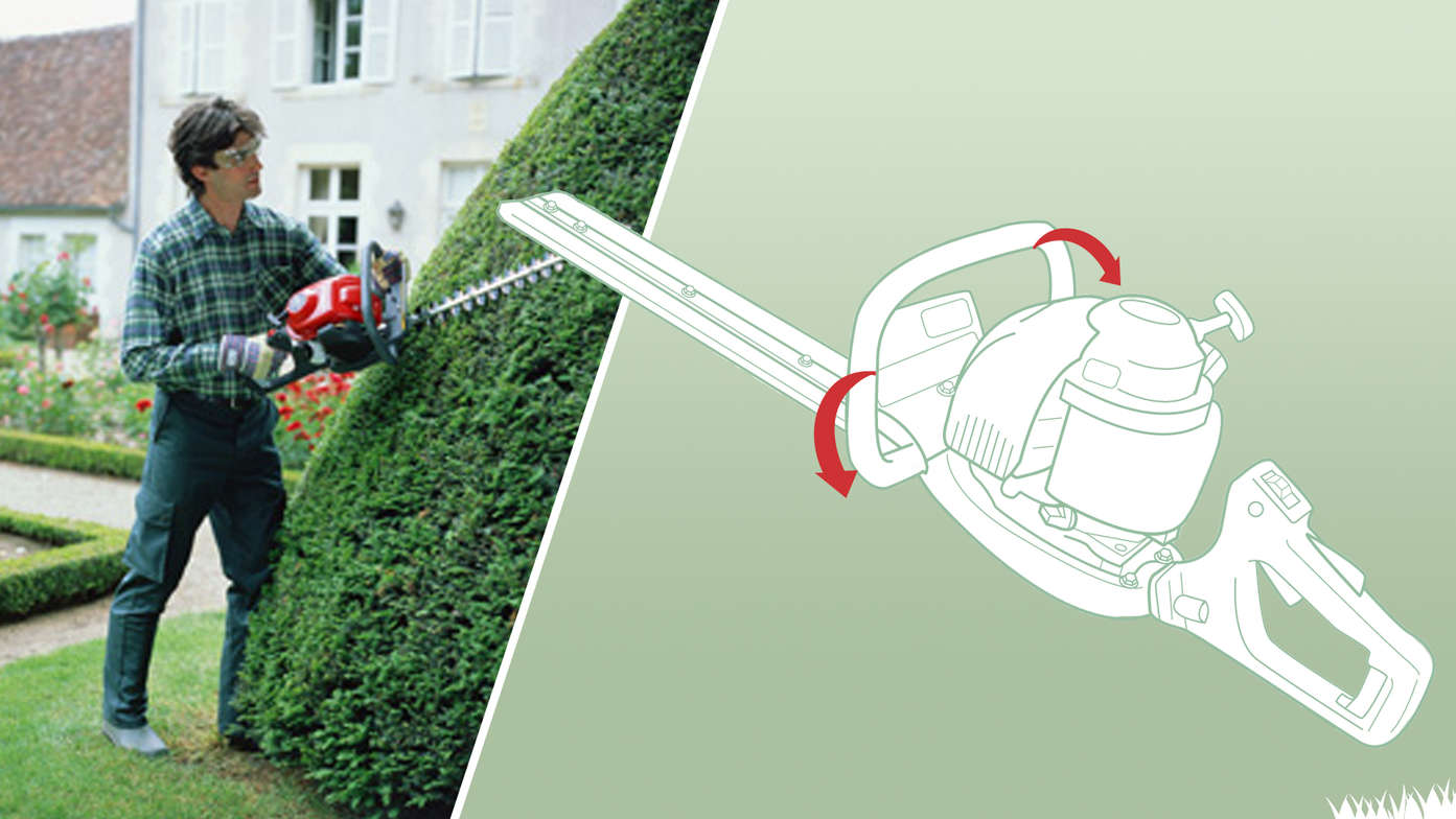 Links: Honda-Heckenscheren, Verwendung nach Modell, Gartenumgebung. Rechts: Darstellung der Holme und Bedienelemente.