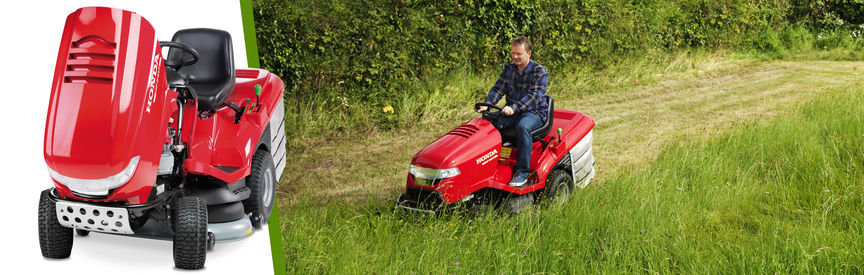 Links: Honda Rasentraktor, Dreiviertelvorderansicht, nach links weisend Rechts: Rasentraktor, Verwendung nach Modell, Gartenumgebung