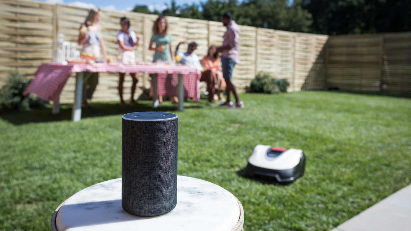 Miimo auf dem Rasen mit Amazon Alexa im Vordergrund.