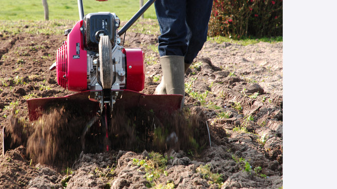 Kompakt-Motorhacke, Gartenumgebung, Nahaufnahme.