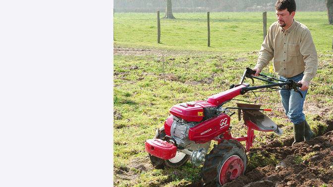 Einachsschlepper mit Pflugaufsatz, Verwendung nach Modell, Gartenumgebung.