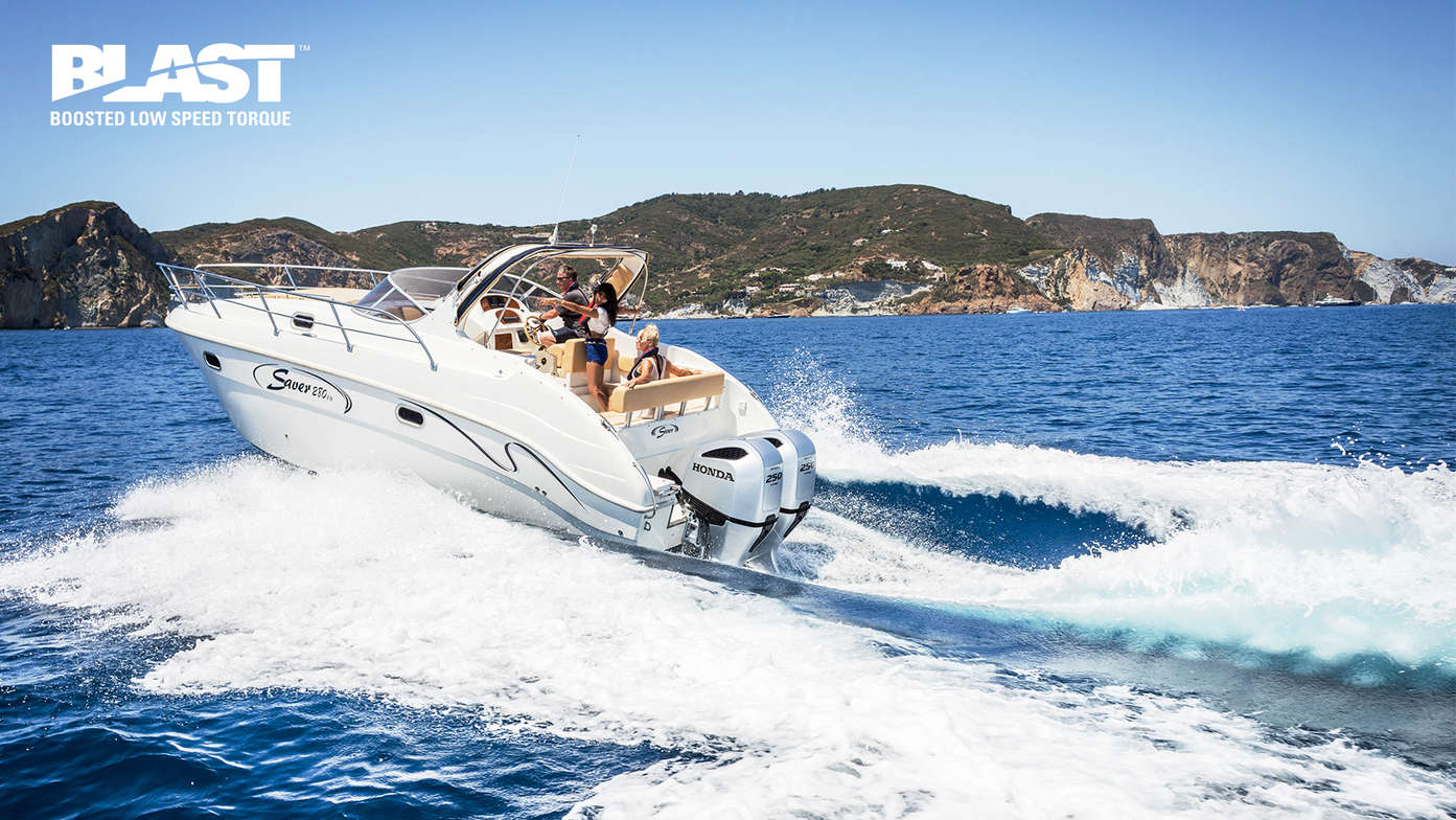 Rear three-quarter facing boat with Honda marine engine and BLAST logo.