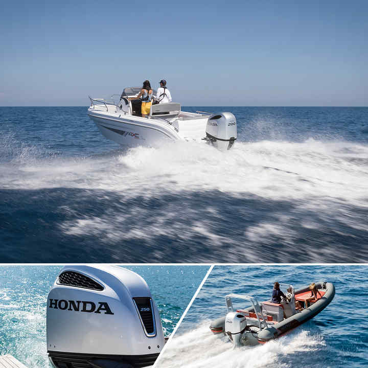 Boot auf dem Wasser mit Honda V6-Außenbordmotor.
