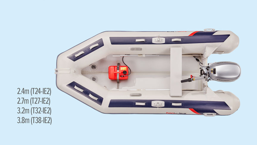Links: Honda Schlauchboot mit Hochdruck-Luftboden Rechts: Nahaufnahme eines Schlauchboots mit Hochdruck-Luftboden.