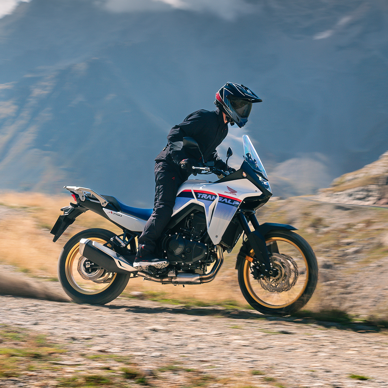 XL750 Transalp, Seitenansicht in Bewegung mit Fahrer
