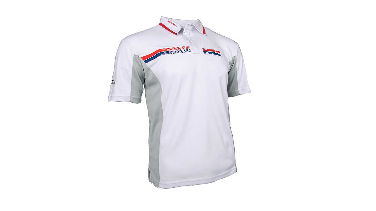 Weißes HRC Racing Polo-Shirt – mit Honda Racing Corporation Logo.