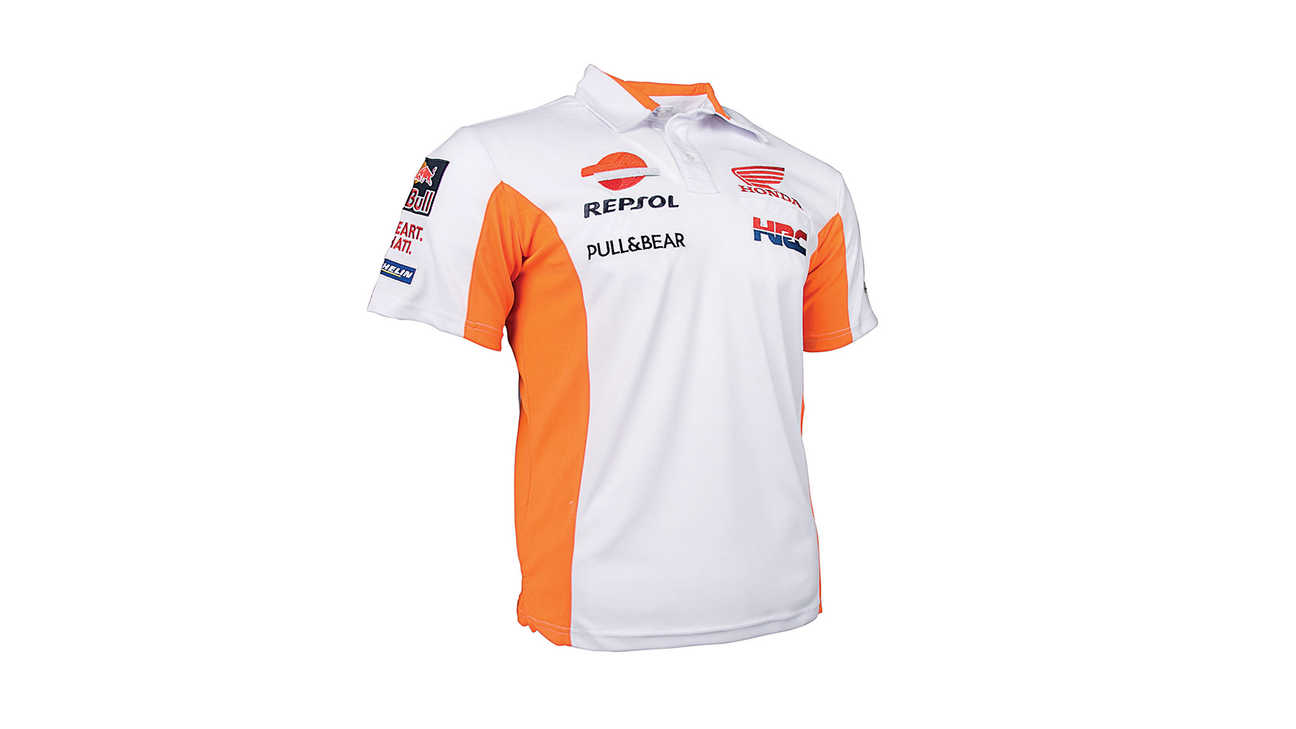 Weißes Honda MotoGP Polo-Shirt in Teamfarben mit Repsol Logo.