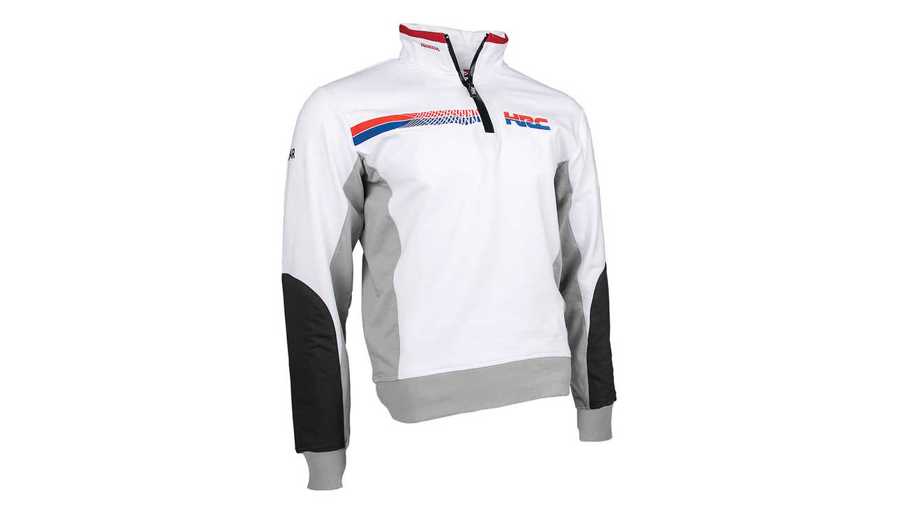 Weißes Honda HRC Sweatshirt in Teamfarben mit Honda Racing Corporation Logo.