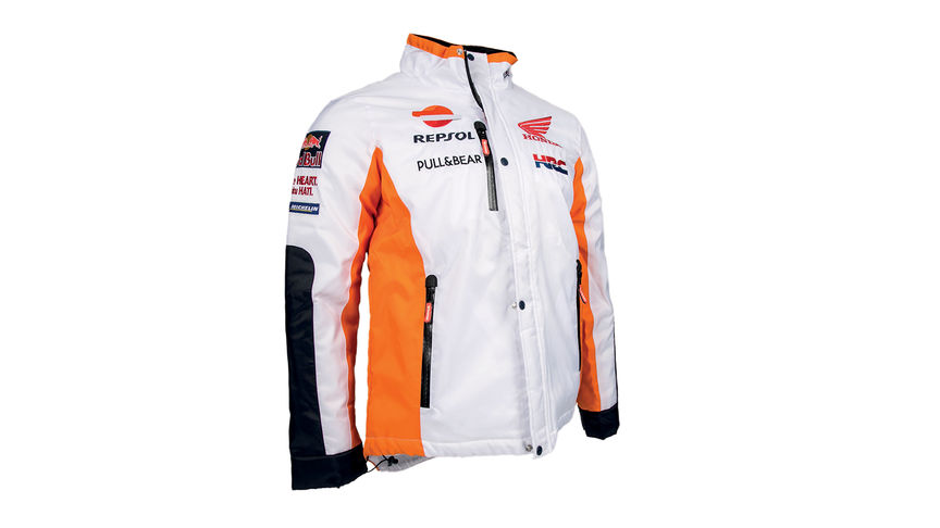 Weiße Honda Winterjacke in MotoGP-Teamfarben mit Repsol Logo.