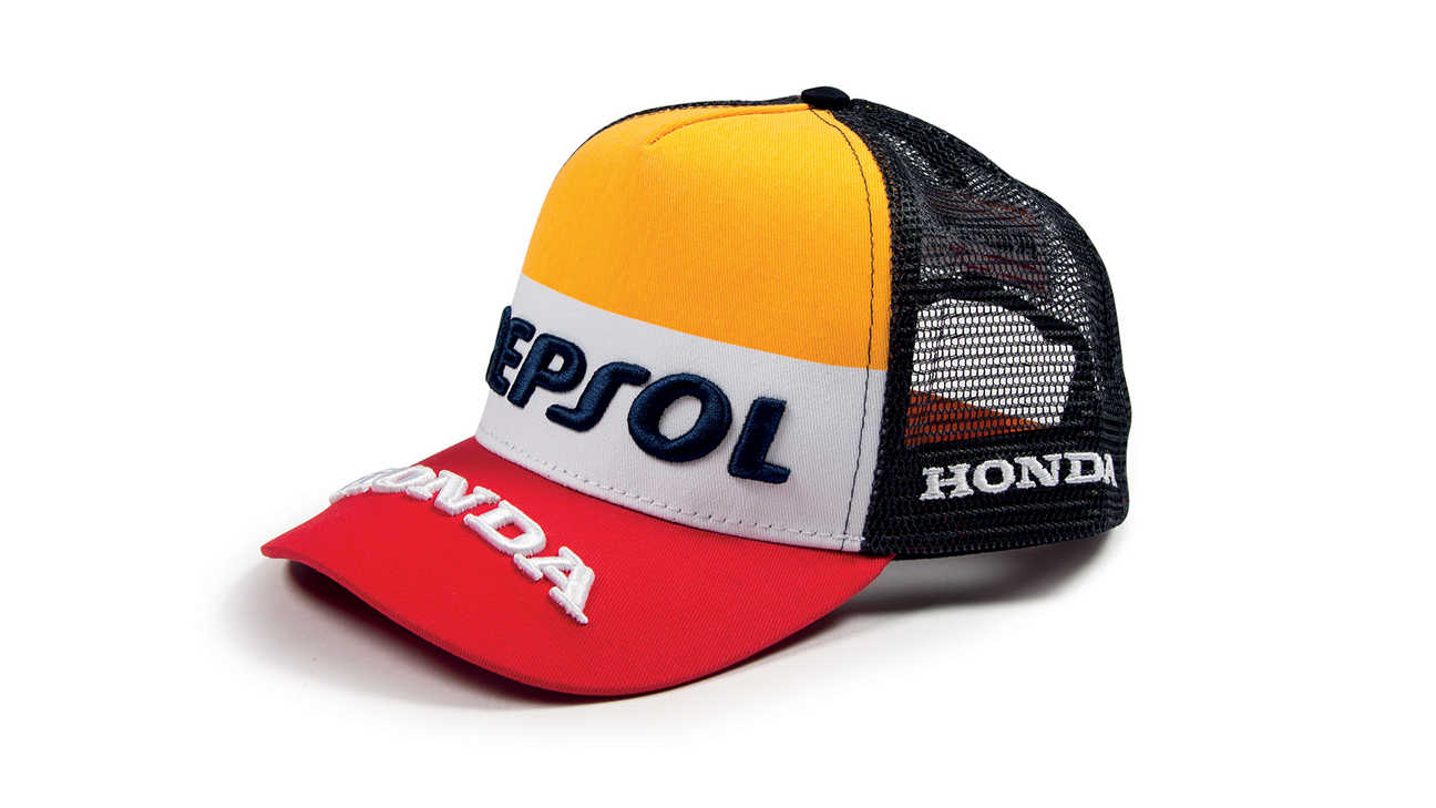 Baseball-Kappe in den Honda MotoGP-Farben Orange, Weiß und Rot mit Repsol Logo.