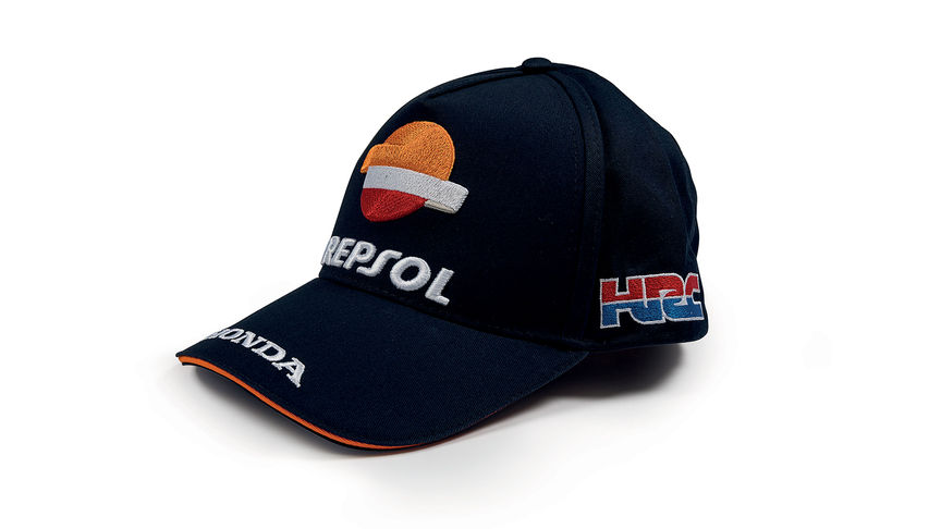 Blaue Baseball-Kappe in Honda MotoGP-Teamfarben mit Repsol Logo.