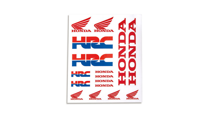 Honda HRC Sticker-Set aus Vinyl in Honda Racing Corporation Rennteam-Farben mit Honda Schwingen-Logo.