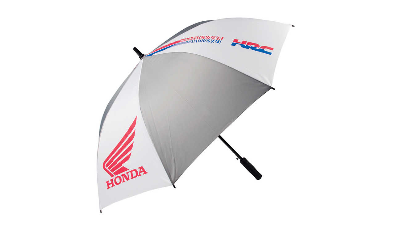 Grauweißer Honda HRC Regenschirm in HRC-Farben mit Honda Schwingen Logo.