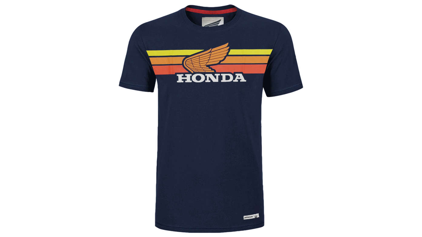 Honda Vintage-T-Shirt in Blau mit Sonnenuntergang.