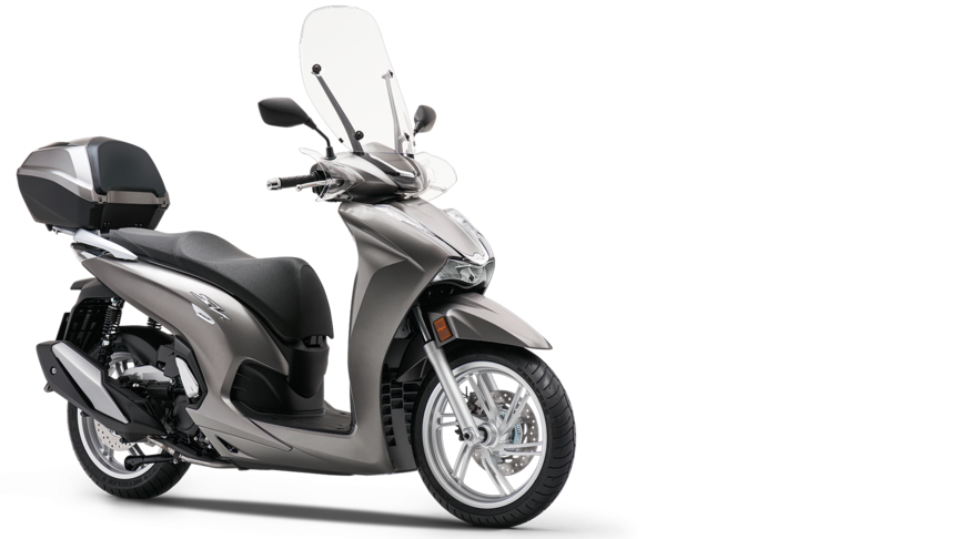 Dreiviertel-Frontansicht des Honda SH300i mit Top Case und Windschild.