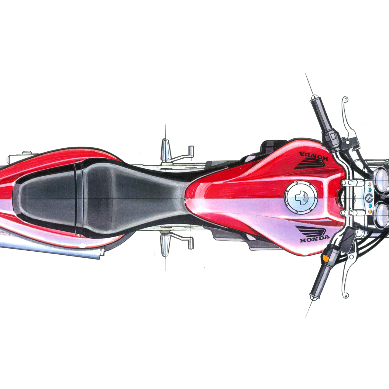 Design-Skizzen der Honda Hornet, Draufsicht.