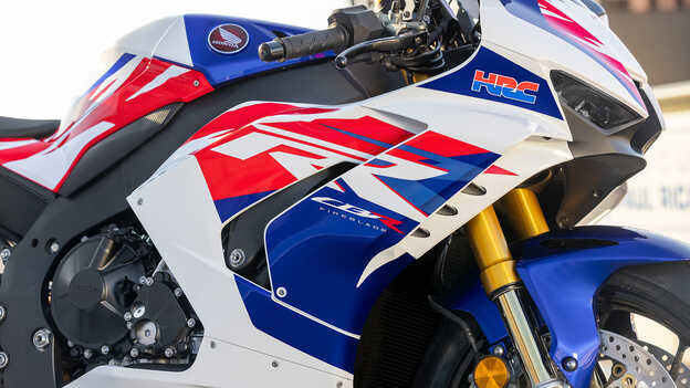 Close-up of the HRC logo on the Honda CBR1000RR-R Fireblade