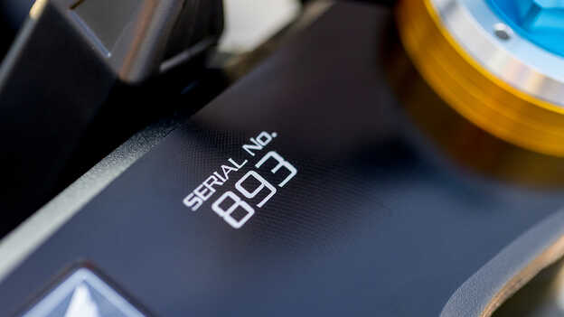Close-up of the Honda CBR1000RR-R Fireblade serial number engraved on the steering head