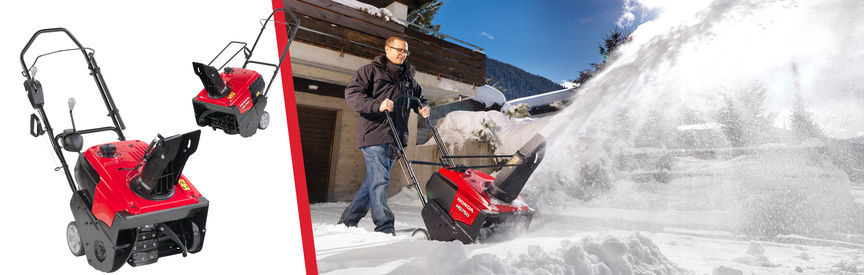Snowthrower being used by model, snow location.